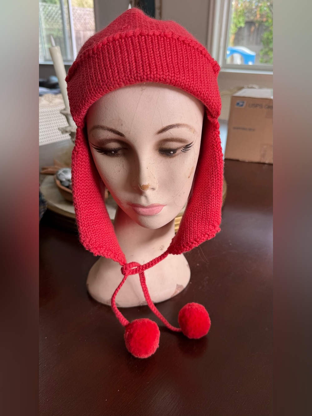 Bright Red Knit Earflap Hat with Pom-Pom Ties
